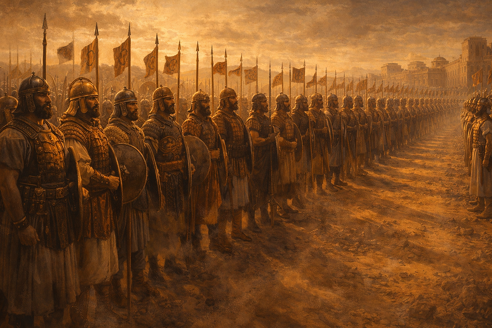 A reverent biblical illustration of the twelve monthly military divisions of Israel, each under its appointed leader, arranged in disciplined succession; the image should communicate that strength in God’s kingdom is not wild force but shared responsibility, measured service, and peace guarded by order; ancient military setting, warm dust and sunlight, cinematic realism, textless.