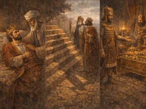 Mfalme akiwa amevaa taji la dhahabu anatulia kitandani, akizungukwa na washauri wakuu. Vito vya dhahabu na mishumaa inaangazia kile kinachotokea.