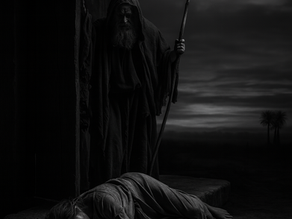 A levite of Judges 19 as hooded figure with a staff stands over a woman lying on the ground. Dark, moody setting with a cloudy sky and distant tree silhouettes.