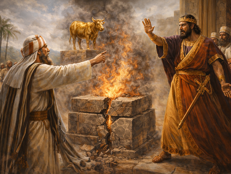 Mwanamume katika mavazi meupe anamkabili mfalme aliyevaa mavazi mekundu mbele ya madhabahu inayowaka moto, huku ng'ombe wa dhahabu juu. Palms nyuma.