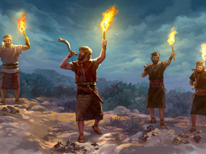 Men holding torches and blowing horns stand on rocky terrain against a dusky sky, conveying urgency and purpose.