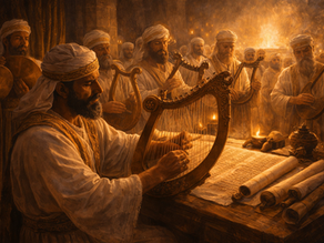 A deeply theological biblical illustration of musicians prophesying with harps, lyres, and cymbals before the Lord, not as performers on display but as consecrated servants through whom truth is sounded in worship; the image should communicate that holy song carries theological weight, memory, and witness in the gathered people of God; sacred atmosphere, luminous gold and shadow, cinematic realism, textless.