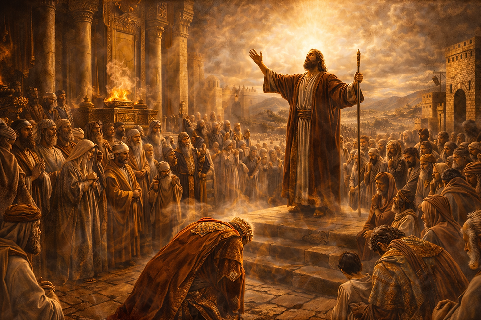 a textless sacred fine-art biblical painting inspired by 2 Chronicles 20, focusing on the moment the Spirit of the Lord comes upon Jahaziel in the gathered assembly and the prophetic word declares, “the battle is not yours but God’s.” Show the worshiping crowd in reverent silence, the prophet speaking with Spirit-filled authority, Jehoshaphat bowed low, and the whole scene filled with the weight of divine assurance in the middle of danger. Let the image communicate that heaven has answered fear with a word of holy certainty. The mood should feel awe-filled, luminous, and deeply reverent. Painterly texture, symbolic realism, sacred atmosphere, ancient temple setting, no text, no modern elements, no watermark.