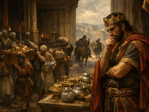 a textless cinematic biblical illustration of 2 Chronicles 16 showing King Asa in Jerusalem during the crisis with Baasha and Ramah, sending silver and gold from the house of the Lord to buy the help of Ben-hadad of Aram. Show Asa in royal tension, temple treasure being carried away, messengers departing, and the mood filled with urgency, calculation, and spiritual unease. Let the image communicate that the deepest crisis is not military pressure alone, but a king shifting from prayerful dependence to visible strategy. Ancient biblical setting, richly detailed realism, dramatic daylight, solemn and searching atmosphere, no modern objects, no text, no watermark.