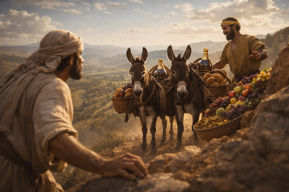 Analysis of 2 Samuel 16 — Bread on the Road, Stones on the Ridge, and a Tent on the Roof. A man with a crown exchanges goods with another man beside two donkeys carrying baskets of food. Set on a rocky hillside with a vast valley view.