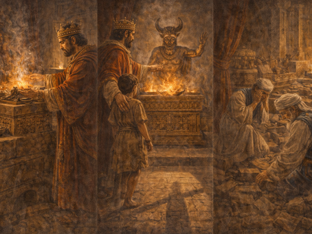 Mfalme na mvulana mbele ya madhabahu yenye moto, nyuma sanamu yenye pembe. Mazingira ya kifalme, rangi za kijivu zenye mandhari ya huzuni.