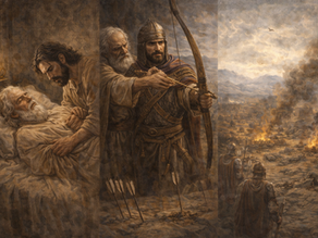 Wanaume wazee akielekeza kijana mwenye upinde mbele ya uwanja wa vita wenye moto na moshi, na mtu mgonjwa kitandani kulia. Hüso mkazo, huzuni.