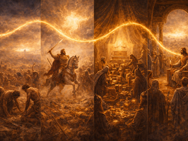 A panoramic symbolic composition for 1 Chronicles 18 divided into four movements: enemies subdued, the Lord giving victory wherever David goes, tribute and spoils dedicated to God, and David reigning with justice and righteousness over all Israel; one continuous thread of light should bind the whole image together, showing that the promise of God is taking visible political shape in history; epic biblical atmosphere, richly symbolic, cinematic realism, textless.