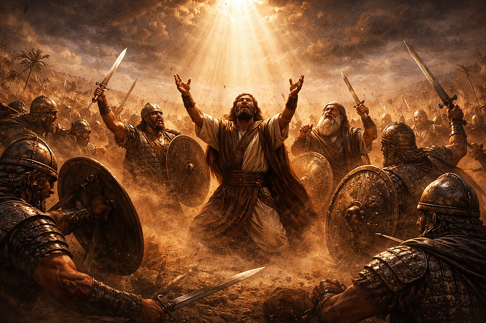 A dramatic biblical illustration of warriors from the eastern tribes in the heat of battle, shields raised and dust swirling, yet at the center several figures cry out to God under a breaking shaft of heavenly light; the scene should show that victory comes not merely through military skill but through dependence on God; intense, sacred, cinematic realism, richly textured, textless, bright.
A dramatic biblical illustration of warriors from the eastern tribes in the heat of battle, shields raised and dust swirling, yet at the center several figures cry out to God under a breaking shaft of heavenly light; the scene should show that victory comes not merely through military skill but through dependence on God; intense, sacred, cinematic realism, richly textured, textless, bright.