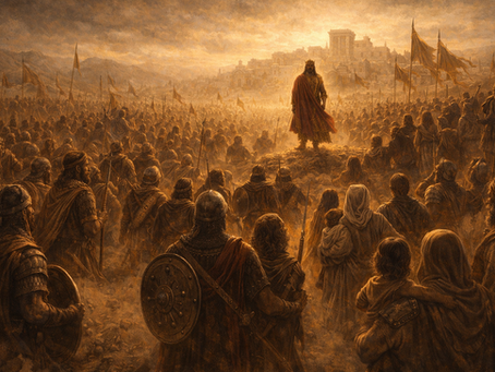 A majestic biblical illustration of 1 Chronicles 12: warriors, tribal leaders, archers, and families once scattered across hills, caves, wilderness paths, and camp edges now moving toward one radiant center—David, God’s chosen king; the composition should communicate that strength becomes peace only when it is gathered around the right center; ancient Near Eastern atmosphere, golden light mixed with dust and movement, cinematic realism, richly detailed, textless.