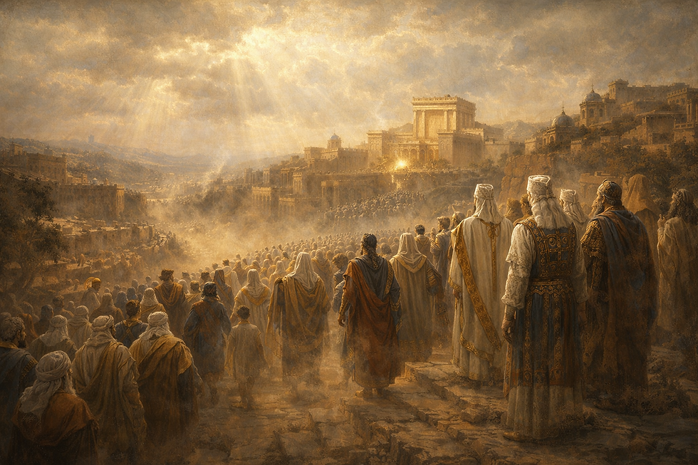 a textless sacred fine-art biblical painting inspired by 2 Chronicles 11, focusing on priests, Levites, and faithful worshipers leaving the northern kingdom and coming to Jerusalem because they have set their hearts to seek the Lord. Show pilgrims approaching the temple with reverent determination, priests and Levites among them, and the city of Jerusalem receiving them as a place of covenant faithfulness. Let the image communicate that true strength comes not first from walls or armies, but from a people gathering around the worship of the living God. Painterly texture, luminous sacred atmosphere, symbolic realism, ancient Jerusalem setting, no text, no modern elements, no watermark.