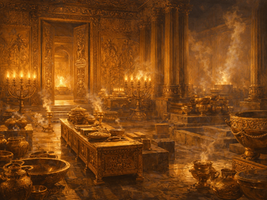 a textless majestic biblical matte-painting illustration of 2 Chronicles 4 showing the temple fully furnished and ready for worship: golden lampstands glowing, tables set in order, bowls, basins, censers, and sacred vessels arranged with beauty and precision, with the inner courts and sanctuary radiating ordered holiness. Let the image communicate that the house of God is not merely built to be admired, but prepared for sacrifice, cleansing, light, bread, and reverent service. Emphasize abundance, craftsmanship, and sacred readiness rather than spectacle alone. Epic scale, warm golden light, richly detailed temple interior and courts, ancient Israelite setting, no text, no modern features, no watermark.