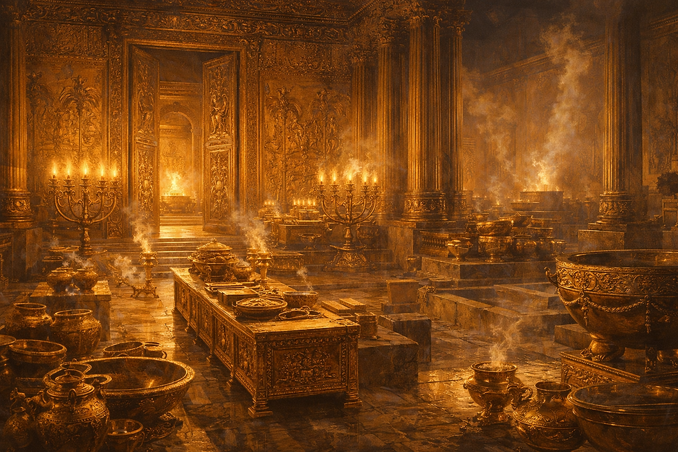 a textless majestic biblical matte-painting illustration of 2 Chronicles 4 showing the temple fully furnished and ready for worship: golden lampstands glowing, tables set in order, bowls, basins, censers, and sacred vessels arranged with beauty and precision, with the inner courts and sanctuary radiating ordered holiness. Let the image communicate that the house of God is not merely built to be admired, but prepared for sacrifice, cleansing, light, bread, and reverent service. Emphasize abundance, craftsmanship, and sacred readiness rather than spectacle alone. Epic scale, warm golden light, richly detailed temple interior and courts, ancient Israelite setting, no text, no modern features, no watermark.