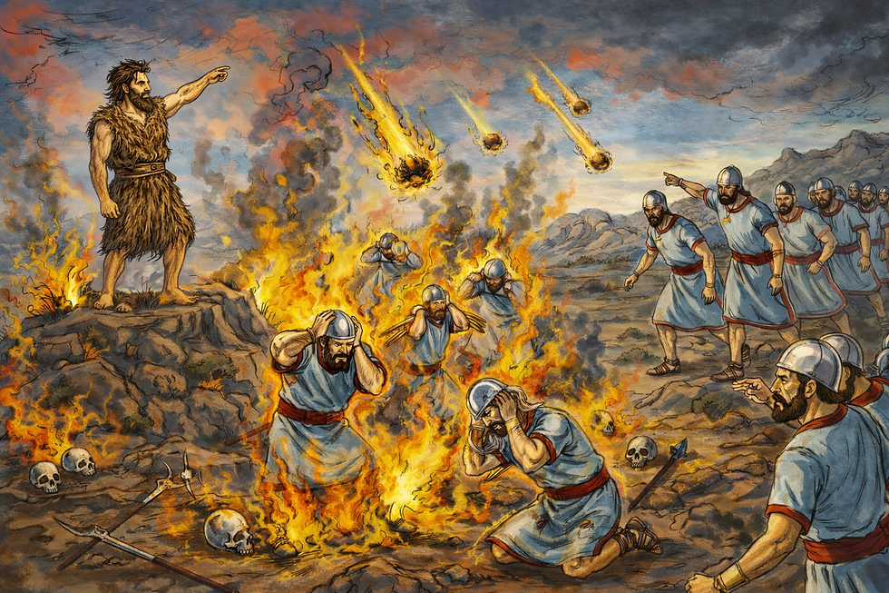 A man in fur attire points on a hill. Soldiers in blue armor panic among fire and falling meteors. Skulls and weapons lie on the ground.