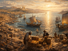 a textless majestic biblical matte-painting illustration of 2 Chronicles 8 showing Solomon’s kingdom reaching outward toward the nations through maritime trade and distant wealth, while still remaining under the shadow of the temple. Show ships at sea near Ezion-geber, servants handling gold from afar, trade routes and distant horizons, and Jerusalem implied as the sacred center governing the whole scene. Let the image communicate that the kingdom’s reach is widening, but its true meaning still depends on covenant faithfulness and the presence of God. Epic scale, golden light, richly detailed ancient landscape and seaport atmosphere, no text, no modern features, no watermark.