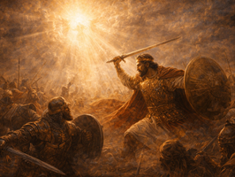 A deeply theological biblical illustration of David in battle, strong and skillful, yet overshadowed by a greater heavenly light showing that the true source of victory is the Lord; the image should communicate that royal strength is real, but derivative, and that triumph belongs to God before it belongs to the king; sacred atmosphere, battle tension, luminous realism, textless.