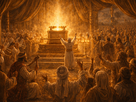 A majestic biblical illustration of 1 Chronicles 16: the ark of God resting in the tent in Jerusalem, with David, Levites, singers, priests, and all Israel gathered in ordered thanksgiving before it; the image should communicate that after long neglect and painful correction, remembered mercy has become public praise; ancient Near Eastern atmosphere, golden sacred light, cinematic realism, richly detailed, textless.