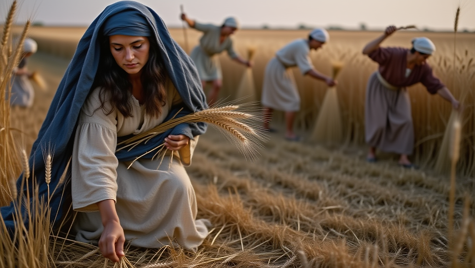 Ruthu anavuna ngano, amevaa mavazi ya samawi na buluu. Watu watatu wakivuna nyuma, shamba la ngano, jua limepungua. Utulivu.