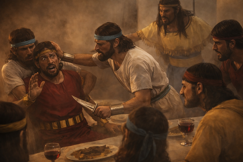 Analysis of 2 Samuel 13 — Cakes in the Dark, a Door Bolted, and a Feast Turned to Blood. Tense scene of men in ancient attire at a table. One holds a knife, others look emotional. Plates of food and goblets visible. Dusty setting.