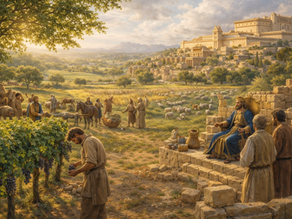 Mtu akivuna zabibu, wafugaji na wanyama kwenye uwanja mchana. Jengo la kifalme liko mbali, watu wakizungumza pembezoni. Mood ni ya amani.