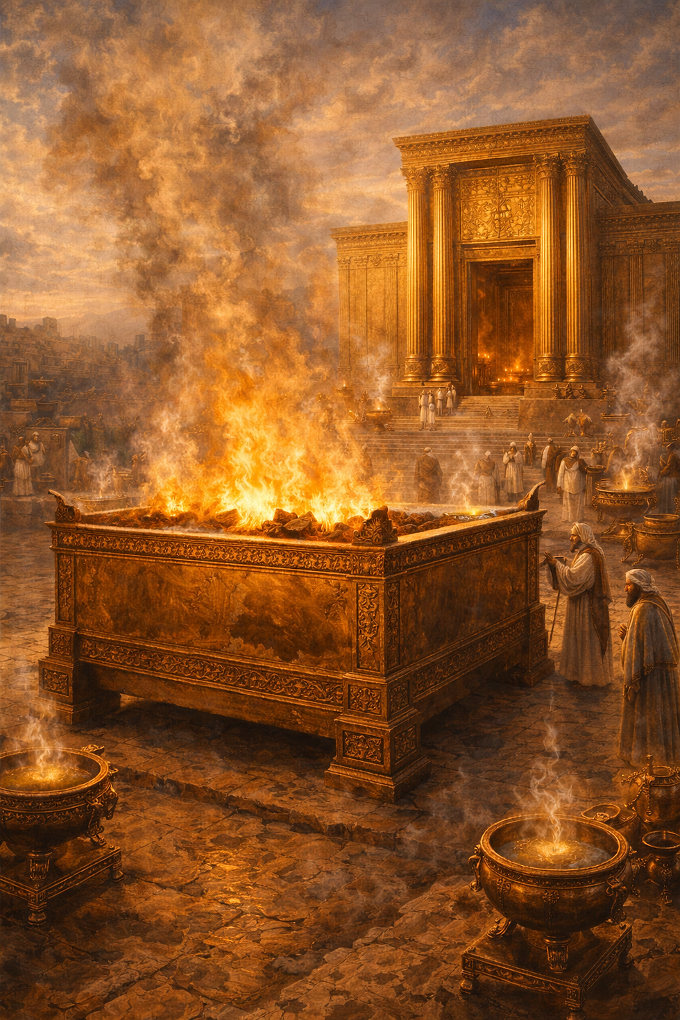 a textless cinematic biblical illustration of 2 Chronicles 4 showing the great bronze altar standing prominently before Solomon’s temple. Emphasize that sacrifice comes first in the approach to God: the temple rising in the background, priests and attendants near the altar, warm firelight, bronze surfaces glowing, and the sense that worship begins with atonement rather than human pride. The mood should feel solemn, holy, and weighty, with the altar dominating the foreground and the house of God behind it. Ancient Jerusalem setting, richly detailed realism, reverent atmosphere, no modern objects, no text, no watermark.