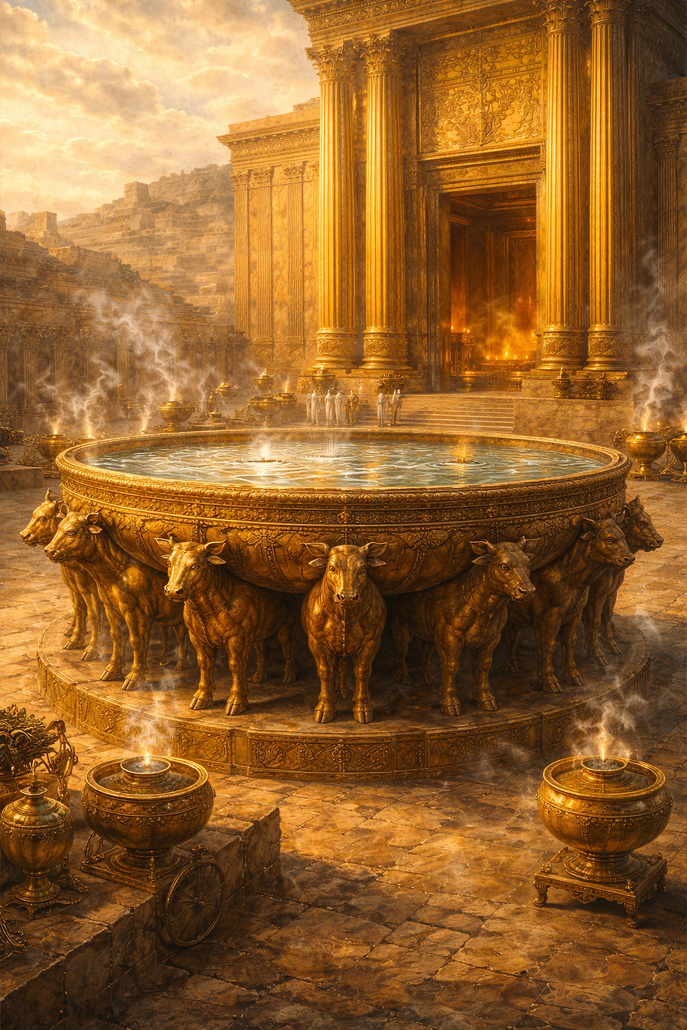 a textless sacred fine-art biblical painting inspired by 2 Chronicles 4, focusing on the great bronze sea resting on twelve oxen in the temple courts. Show the immense basin filled with water, shining in sacred light, with smaller basins nearby and the temple rising beyond. Let the image communicate cleansing, preparation, holiness, and ordered worship. The twelve oxen should feel strong and symbolic, bearing the vessel with quiet dignity. The mood should be luminous, contemplative, and deeply reverent, with painterly texture and symbolic realism. Ancient temple setting, no text, no modern elements, no watermark.