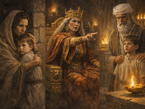 Mwanamke amekumbatia mtoto kwa hofu. Malkia mwenye taji anaashiria kwa kidole. Mwanamume na mtoto wamesimama pembeni. Moto nyuma yao.