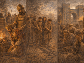 Mchoraji anaonyesha watu wamevaa mavazi ya zamani wakiwa wamefunga pingu. Uwanja wa jela, askari wakilinda, na moto uwashwa. Kilio.