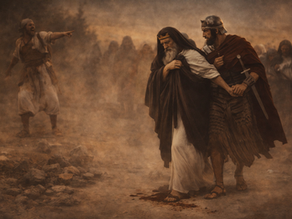 Analysis of 2 Samuel 15 — Chariots at Dawn, Vows in Hebron, and a King Barefoot on the Ridge. A soldier escorts a robed man through a dusty landscape. A figure points angrily in the background. The mood is tense and dramatic.