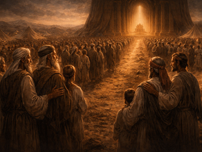 A symbolic biblical illustration of a royal house standing near, but not securely upon, the throne: clan heads, fathers, sons, and households arranged like a living road leading toward a dim royal seat in the distance; the mood should be quiet, tense, and reflective, showing proximity to power without the peace of lasting glory; layered symbolism, sacred atmosphere, painterly cinematic realism, textless.