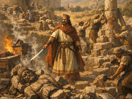 a textless cinematic biblical illustration of 2 Chronicles 14 showing King Asa in a season of God-given peace, tearing down foreign altars and reforming Judah while the land is quiet. Show broken idols, dismantled high places, workers restoring order, and fortified cities being strengthened in the background under calm skies. Let the image communicate that rest is not being wasted on pride or comfort, but used for covenant renewal, cleansing, and readiness. Ancient Judah setting, richly detailed realism, warm daylight, solemn yet hopeful atmosphere, no modern objects, no text, no watermark.