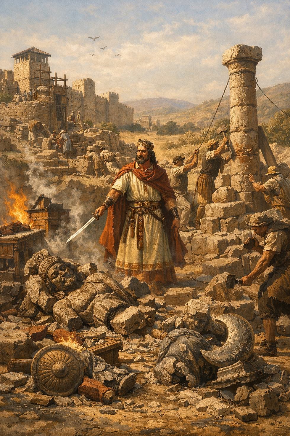 a textless cinematic biblical illustration of 2 Chronicles 14 showing King Asa in a season of God-given peace, tearing down foreign altars and reforming Judah while the land is quiet. Show broken idols, dismantled high places, workers restoring order, and fortified cities being strengthened in the background under calm skies. Let the image communicate that rest is not being wasted on pride or comfort, but used for covenant renewal, cleansing, and readiness. Ancient Judah setting, richly detailed realism, warm daylight, solemn yet hopeful atmosphere, no modern objects, no text, no watermark.