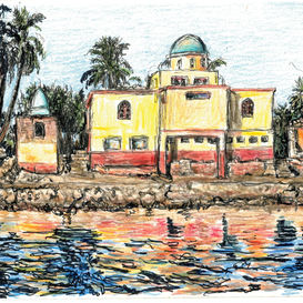 egypt aswan yellow house w blue reflections in water