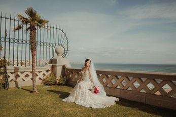 Dramatic outdoor portrait, veil catching the wind as the bride gazes into the distance