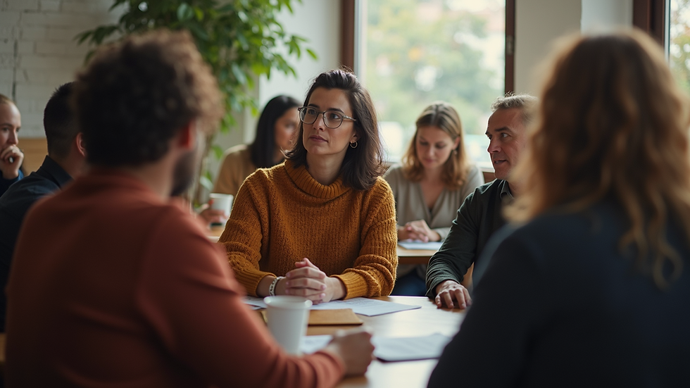 Wide angle view of a diverse group of people engaging in a community discussion