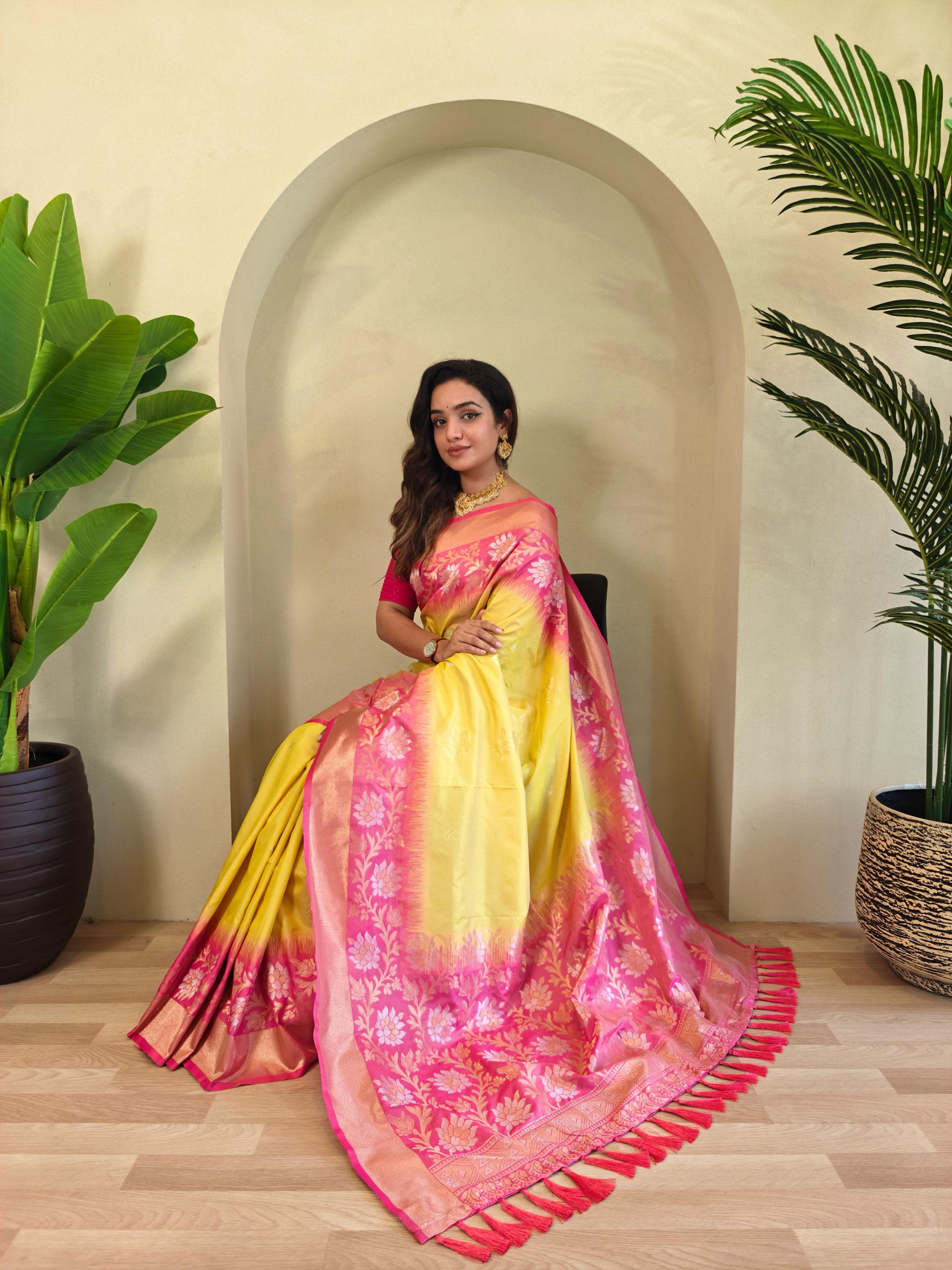 Weaving Work Silk Contemporary Saree In Yellow Color