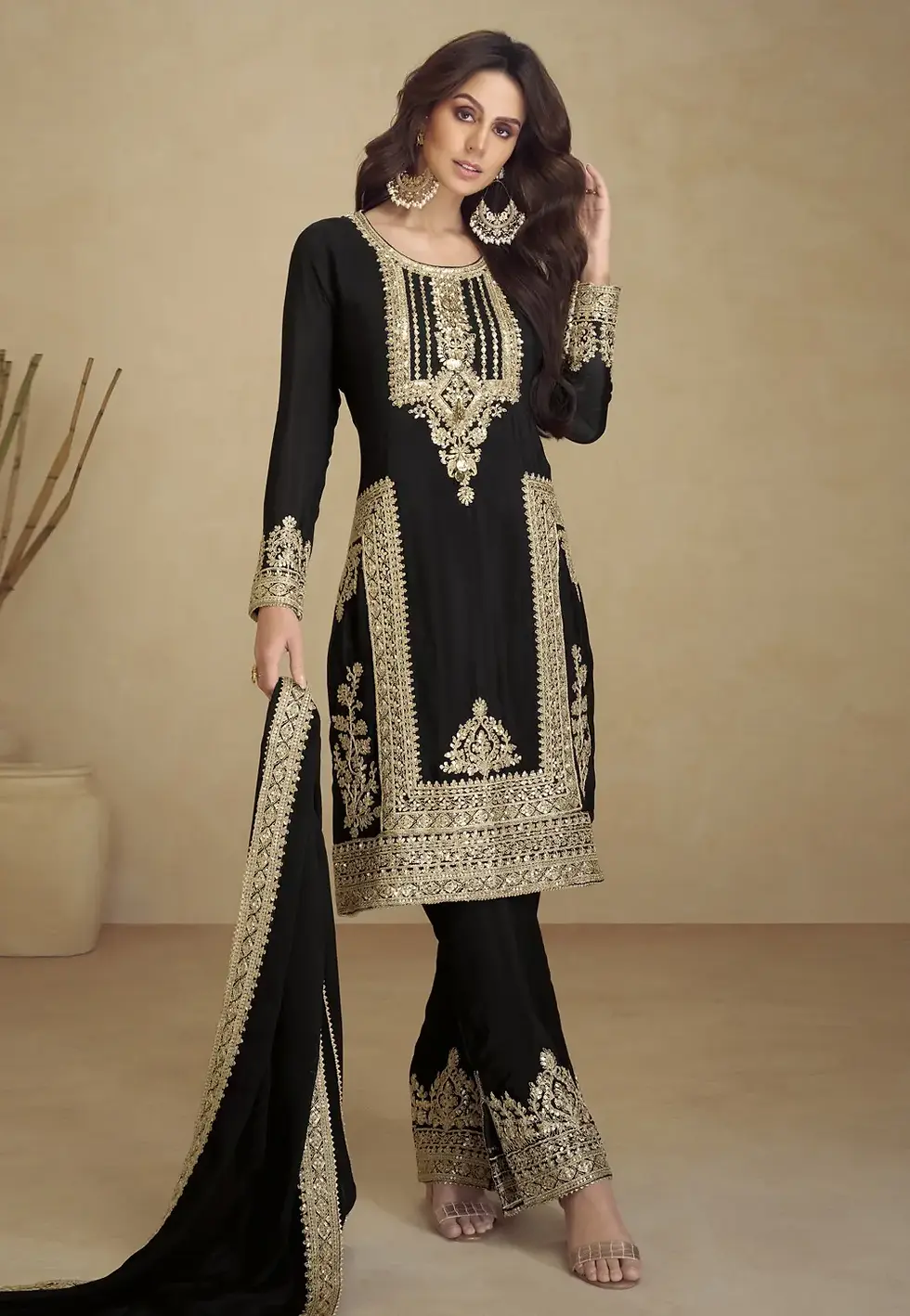 Black Faux Georgette Pant Style Suit