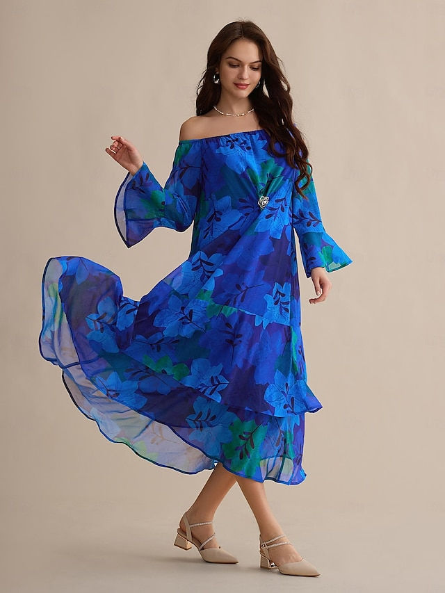 Thumbnail: Chiffon Wedding Guest Royal Blue Floral Off Shoulder Long Sleeve Maxi Dress