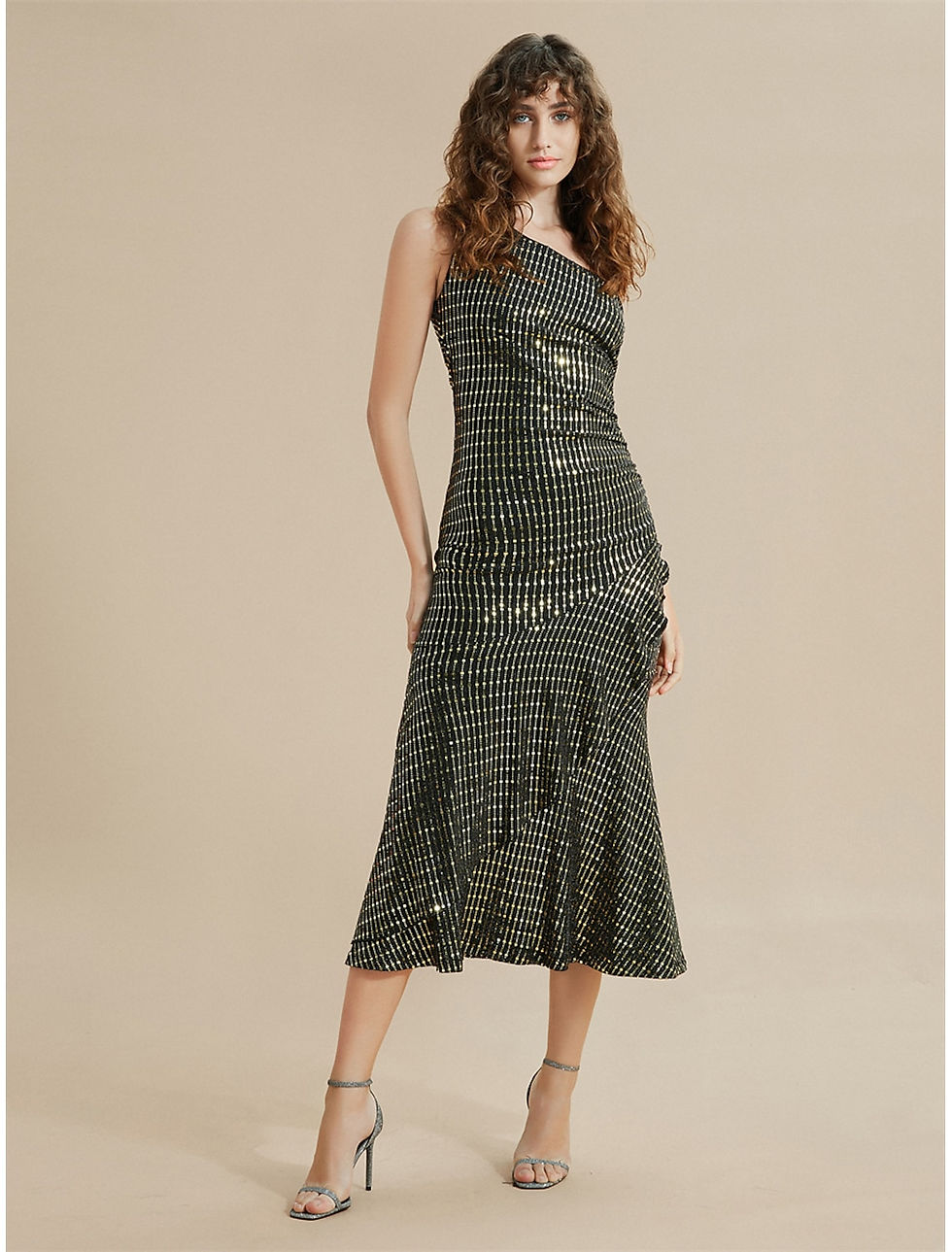 Thumbnail: Sequin Stripe Ruffle One Shoulder Midi Dress