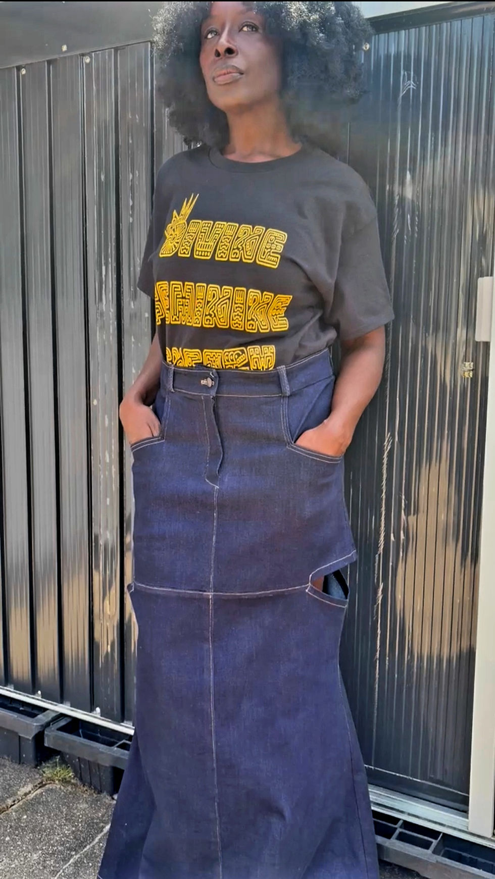 Thumbnail: Asantewaa Cut-Out Denim Fit and Flare Skirt