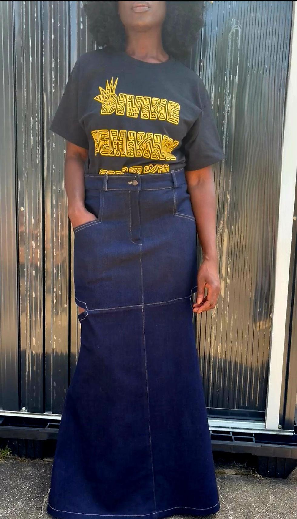Thumbnail: Asantewaa Cut-Out Denim Fit and Flare Skirt