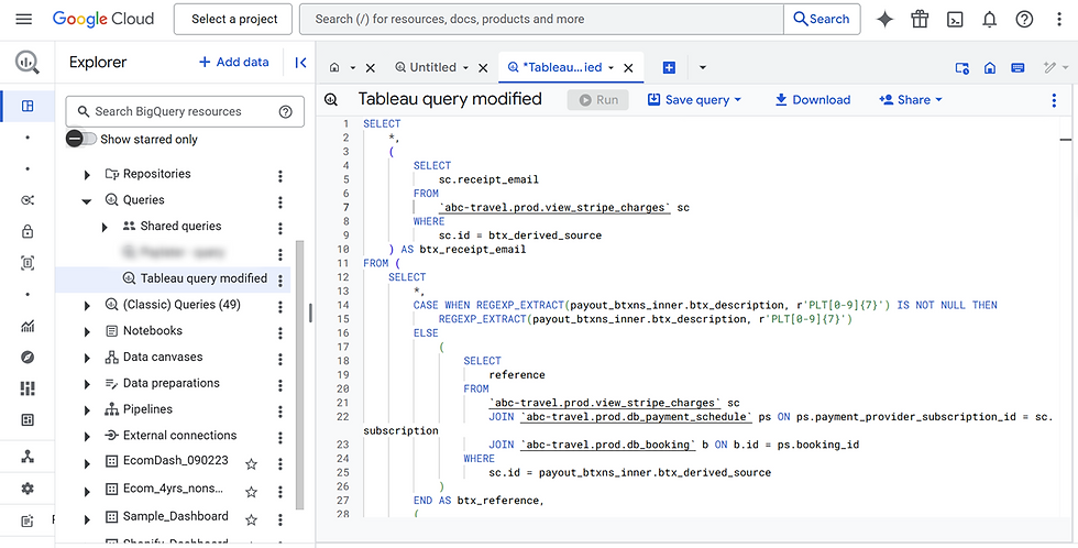 Google Cloud interface showing a BigQuery SQL script titled "Tableau query modified" with code for data extraction and processing.