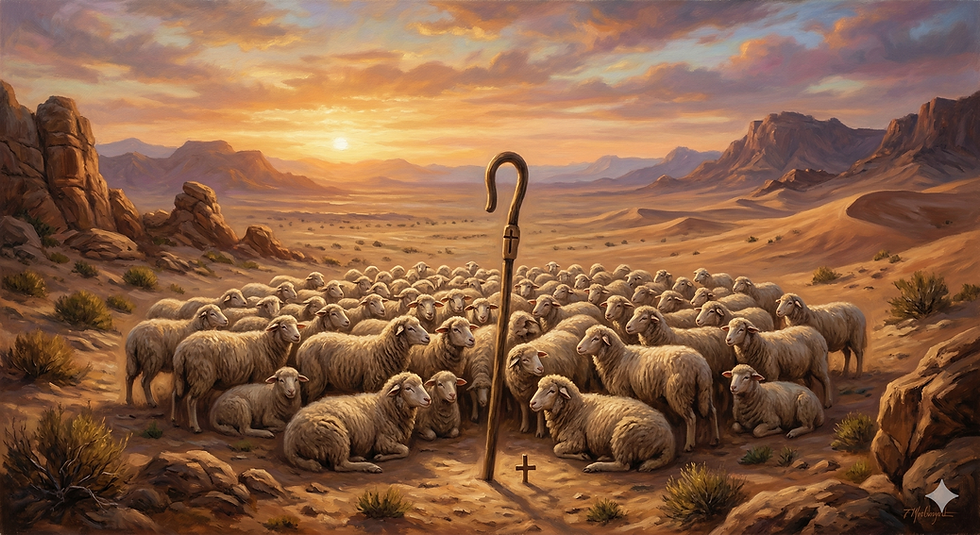 Imagem ilustrativa de ovelhas no deserto deixadas aguardando o pastor