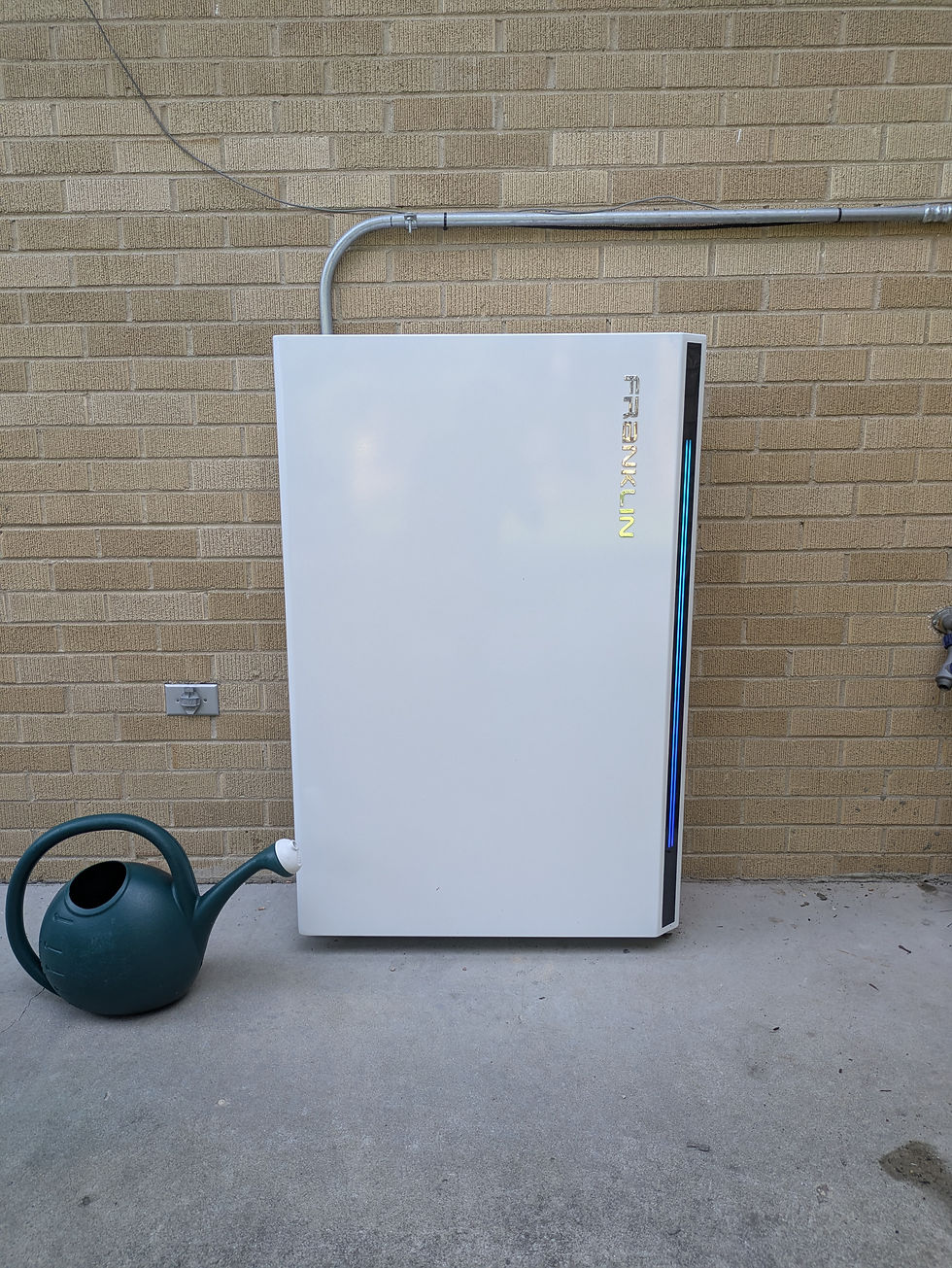 a household energy storage / battery storage on the back of a brick home