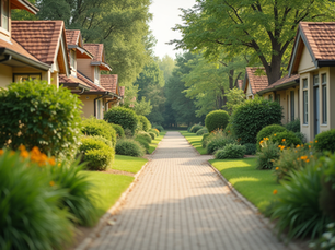 Eye-level view of a serene retirement community with lush greenery