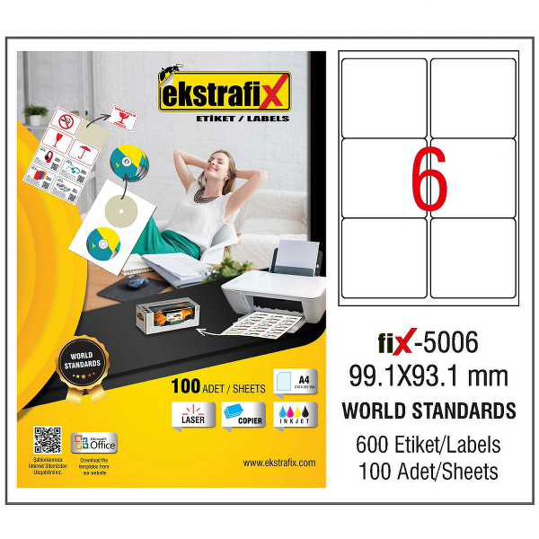 Ekstrafix Laser Etiket 100 YP 99.1x93.1 Laser-Copy-Inkjet FİX-5006