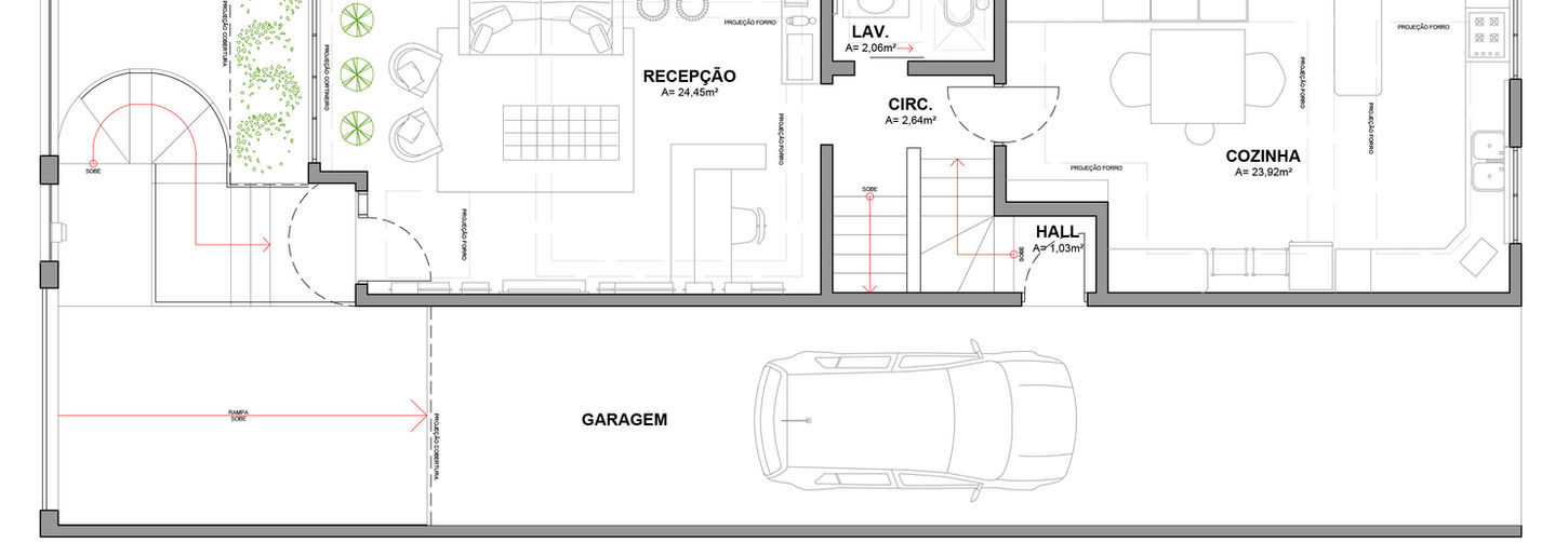 Planta baixa do 1º pavimento do Studio W Neves, mostrando Recepção (24,45m²), Cozinha (23,92m²), Lavabo e Garagem.