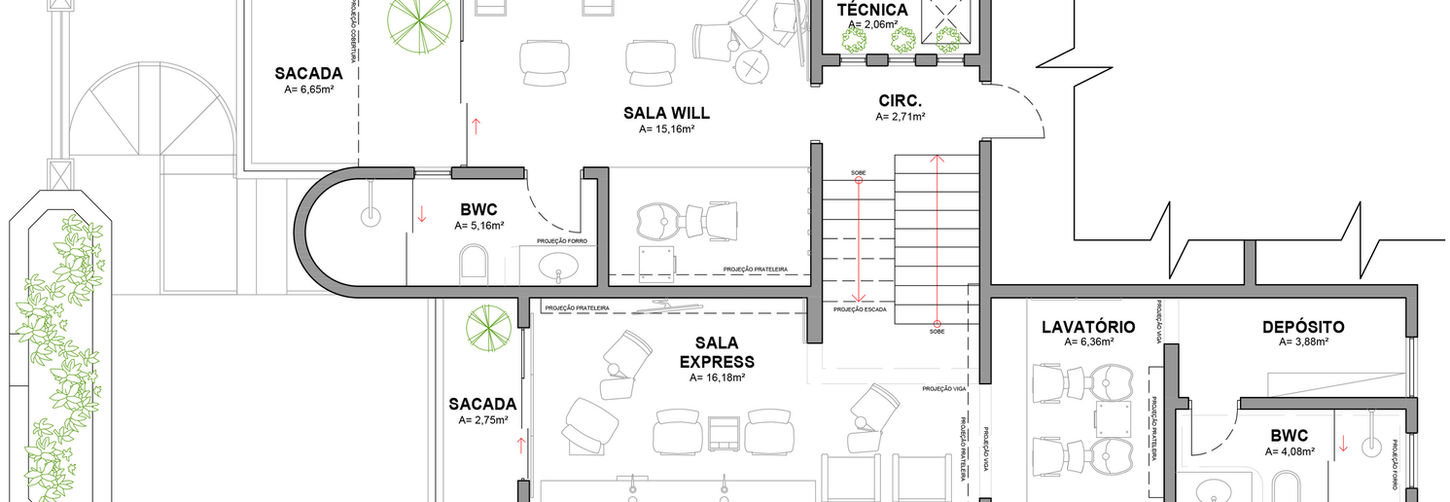 Planta baixa do 2º e 3º pavimento do Studio W Neves, indicando Sala Will (15,18m²), Sala Express (16,18m²), Lavatório e Sacadas.
