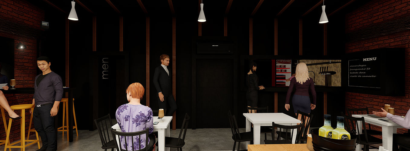 Salão principal do Bar Olarias com mesas de diferentes formatos e cores (madeira, branco, preto), iluminação pendente e placas de menu na parede.
