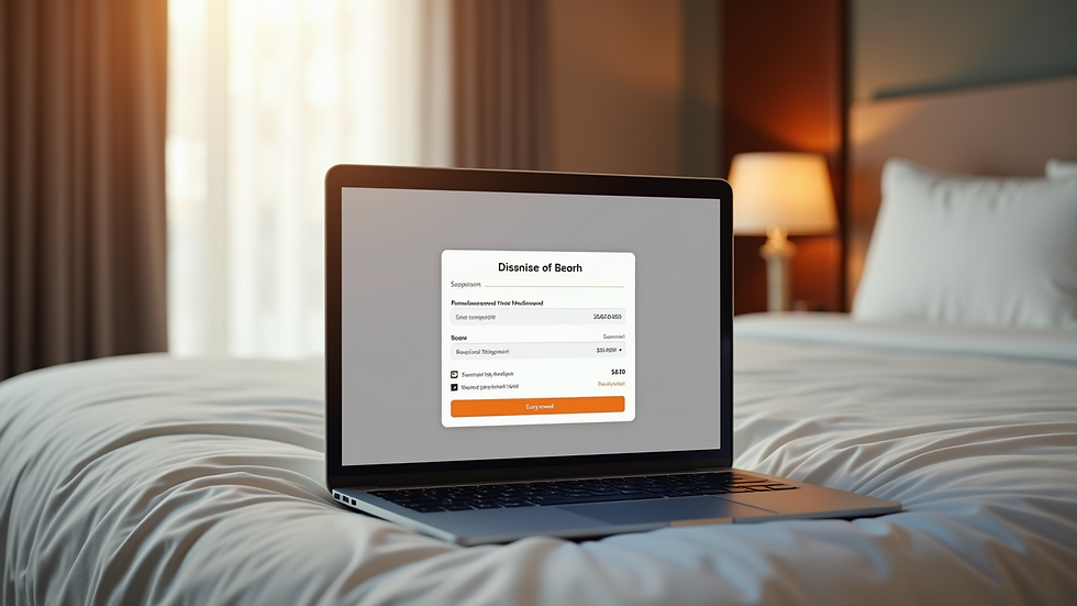 High angle view of a hotel room with a laptop showing a booking confirmation page